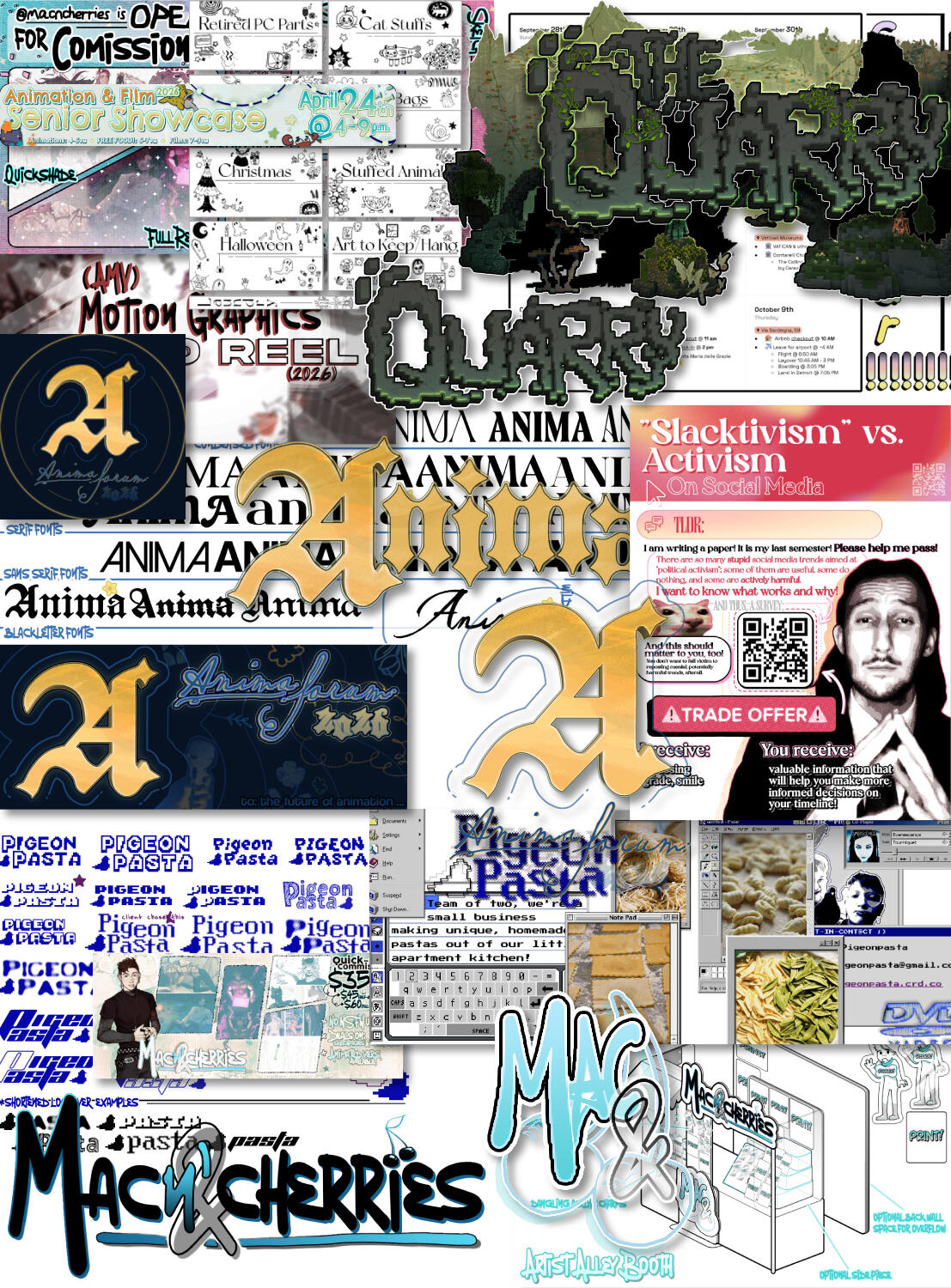 Diverse Portfolio Examples including Brand Designs, Decision Sheets, and both Organizational & Ornamental Graphics.